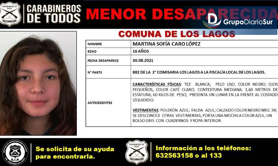 Buscan a niña de 16 años desaparecida en Los Lagos