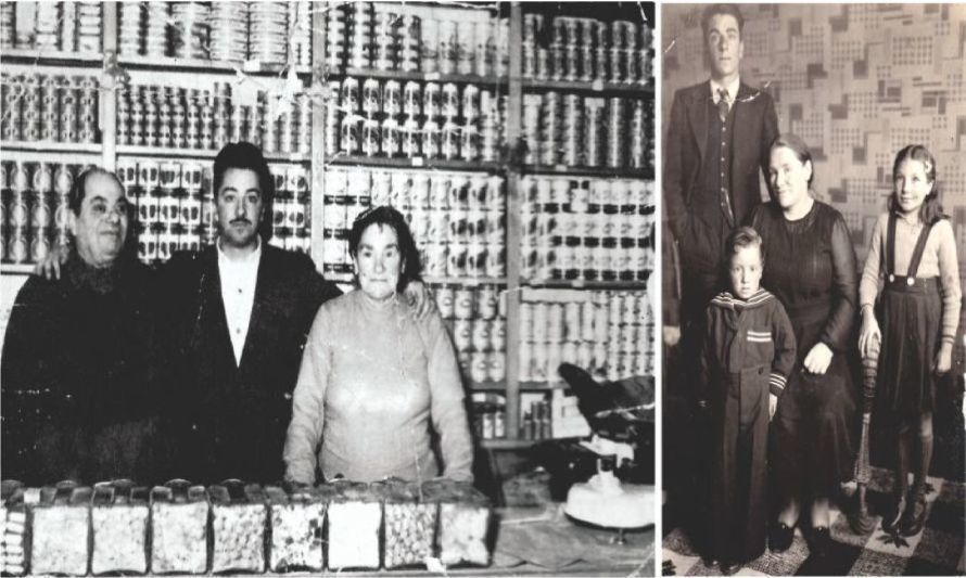 El boliche de don Abraham en Balmaceda. Aparece él, su hijo Omar y su esposa Herminia (Foto familiar). En la otra imagen, Doña Herminia junto a sus tres hijos, Yunis, Omar y Yalile Chible Bergogne .